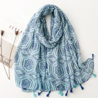 Bali Yarn Cotton Fruit Green Bright Yellow Leaf Printing Tassel Scarf Shawl sku image 31