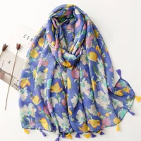 Bali Yarn Cotton Fruit Green Bright Yellow Leaf Printing Tassel Scarf Shawl sku image 38
