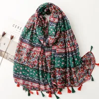 Bali Yarn Cotton Fruit Green Bright Yellow Leaf Printing Tassel Scarf Shawl sku image 41