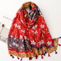 Bali Yarn Cotton Fruit Green Bright Yellow Leaf Printing Tassel Scarf Shawl sku image 39