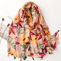 Bali Yarn Cotton Fruit Green Bright Yellow Leaf Printing Tassel Scarf Shawl sku image 44