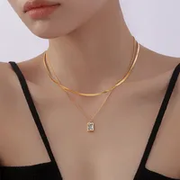 304 Stainless Steel 18K Gold Plated Sweet Plating Inlay Square Artificial Rhinestones Layered Necklaces main image 4