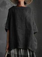 Spot Designed Summer New Top Woven Round Neck  Cotton And Linen Solid Color Loose Women's T-shirt sku image 9