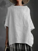 Spot Designed Summer New Top Woven Round Neck  Cotton And Linen Solid Color Loose Women's T-shirt sku image 6