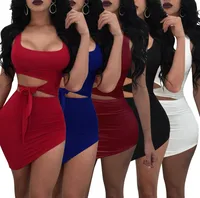 Factory Direct Popular Women's Summer Wear Navel Dress Round Neck Sleeveless Belt Irregular Fake Two-piece Dress Short Skirt main image 1