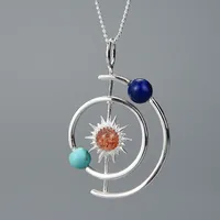 925 Sterling Silver Natural Stone Inlay Geometric Pendant Necklace sku image 1