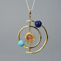 925 Sterling Silver Natural Stone Inlay Geometric Pendant Necklace main image 1