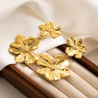 1 Pair Cool Style Round Leaves Flower Pleated Stainless Steel Drop Earrings main image 3