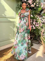 Women's Swing Dress Elegant Pastoral Printing Sleeveless Flower Maxi Long Dress Party Date sku image 3