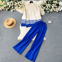 Daily Women's Vintage Style Color Block Stripe Polyester Blending Pants Sets Pants Sets sku image 2