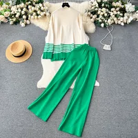 Daily Women's Vintage Style Color Block Stripe Polyester Blending Pants Sets Pants Sets sku image 3
