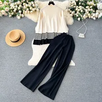 Daily Women's Vintage Style Color Block Stripe Polyester Blending Pants Sets Pants Sets sku image 4