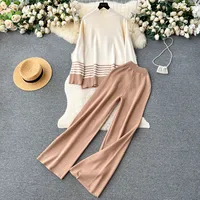 Daily Women's Vintage Style Color Block Stripe Polyester Blending Pants Sets Pants Sets sku image 5