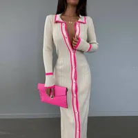 Women's Sweater Dress Casual Turndown Long Sleeve Color Block Midi Dress Street main image 1