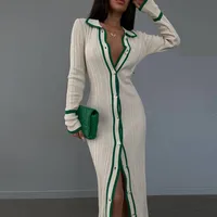 Women's Sweater Dress Casual Turndown Long Sleeve Color Block Midi Dress Street main image 3
