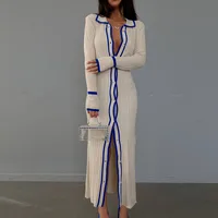 Women's Sweater Dress Casual Turndown Long Sleeve Color Block Midi Dress Street sku image 6