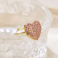 Wholesale Jewelry Vintage Style Heart Shape 304 Stainless Steel Rhinestones 18K Gold Plated Plating Open Rings main image 7