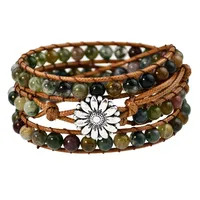 Classical Vintage Style Flower Alloy Natural Stone Rope Beaded Knitting Bracelets main image 1