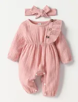 Cute Solid Color Bow Knot Cotton Baby Rompers sku image 9