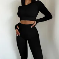 Basic Sports Solid Color Spandex Round Neck Tracksuit T-shirt Leggings sku image 1