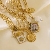 304 Stainless Steel 14K Gold Plated Retro Plating Inlay Sun Natural Stone Shell Pendant Necklace main image 6