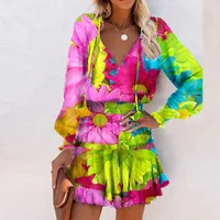 Wholesale V-neck Splicing Ruffled Colorful Flower Print Long-sleeved Short Dress Nihaowholesale sku image 18