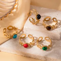 Wholesale Jewelry Vintage Style French Style Simple Style Cross Oval 304 Stainless Steel Turquoise Inlay Open Rings main image 9
