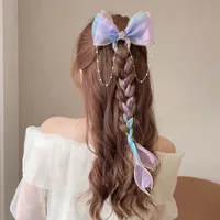 Super Fairy Pearl Bow Headwear Children's Hair Ribbon Tassel Ribbon Hairpin Hairband Women's Hair Tie Summer Hairpin main image 3