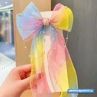 Super Fairy Pearl Bow Headwear Children's Hair Ribbon Tassel Ribbon Hairpin Hairband Women's Hair Tie Summer Hairpin sku image 1