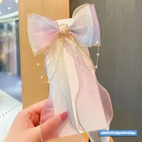 Super Fairy Pearl Bow Headwear Children's Hair Ribbon Tassel Ribbon Hairpin Hairband Women's Hair Tie Summer Hairpin sku image 7