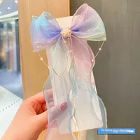 Super Fairy Pearl Bow Headwear Children's Hair Ribbon Tassel Ribbon Hairpin Hairband Women's Hair Tie Summer Hairpin sku image 9