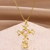Original Fashion Design Temperament Copper Micro Inlaid Zircon Cross Petal Pendant Women's Necklace Ins Clavicle Chain 18K Real Gold Electroplating main image 4