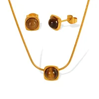 Wholesale Jewelry Vintage Style Simple Style Round 304 Stainless Steel Tiger Eye 18K Gold Plated Polishing Inlay Jewelry Set main image 6