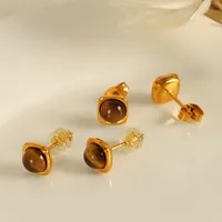 Wholesale Jewelry Vintage Style Simple Style Round 304 Stainless Steel Tiger Eye 18K Gold Plated Polishing Inlay Jewelry Set main image 4