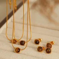 Wholesale Jewelry Vintage Style Simple Style Round 304 Stainless Steel Tiger Eye 18K Gold Plated Polishing Inlay Jewelry Set main image 2