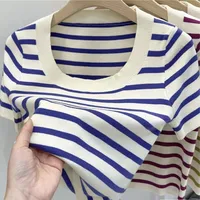 Women's Knitwear Short Sleeve Sweaters & Cardigans Casual Preppy Style Stripe sku image 5