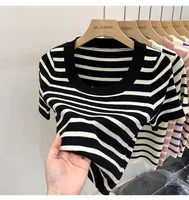 Women's Knitwear Short Sleeve Sweaters & Cardigans Casual Preppy Style Stripe sku image 1