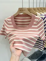 Women's Knitwear Short Sleeve Sweaters & Cardigans Casual Preppy Style Stripe sku image 2