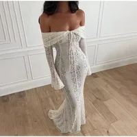 Women's Lace Dress Elegant Sexy Off Shoulder Hollow Out Long Sleeve Solid Color Lace Maxi Long Dress Wedding Festival main image 4