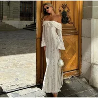 Women's Lace Dress Elegant Sexy Off Shoulder Hollow Out Long Sleeve Solid Color Lace Maxi Long Dress Wedding Festival sku image 1