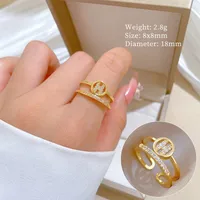Brass Gold Plated Geometric Letter Zircon Brass Rings main image 2