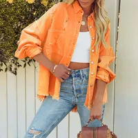 Pure Color Multi-Color Denim Jacket Tear Hole Frayed Hem Ladies Coat Loose Fit Medium Length Polyester Fabric Long Sleeve sku image 11