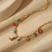 Wholesale Jewelry Basic Bohemian Elephant Flower Boots 304 Stainless Steel Artificial Pearls Natural Stone 18K Gold Plated Epoxy Pendant Necklace main image 4