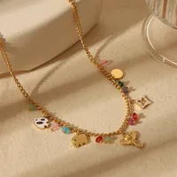Wholesale Jewelry Basic Bohemian Elephant Flower Boots 304 Stainless Steel Artificial Pearls Natural Stone 18K Gold Plated Epoxy Pendant Necklace main image 3