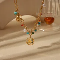Wholesale Jewelry Basic Bohemian Elephant Flower Boots 304 Stainless Steel Artificial Pearls Natural Stone 18K Gold Plated Epoxy Pendant Necklace main image 5