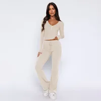 Autumn And Winter Hot Sale Foreign Trade Women's Slim-fit Sexy Button Long Sleeve Top Lace-up Trousers Fashion Two-piece Set sku image 22
