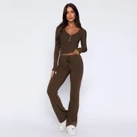 Autumn And Winter Hot Sale Foreign Trade Women's Slim-fit Sexy Button Long Sleeve Top Lace-up Trousers Fashion Two-piece Set sku image 9
