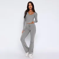Autumn And Winter Hot Sale Foreign Trade Women's Slim-fit Sexy Button Long Sleeve Top Lace-up Trousers Fashion Two-piece Set sku image 20