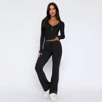 Autumn And Winter Hot Sale Foreign Trade Women's Slim-fit Sexy Button Long Sleeve Top Lace-up Trousers Fashion Two-piece Set sku image 13