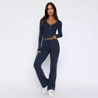 Autumn And Winter Hot Sale Foreign Trade Women's Slim-fit Sexy Button Long Sleeve Top Lace-up Trousers Fashion Two-piece Set sku image 7